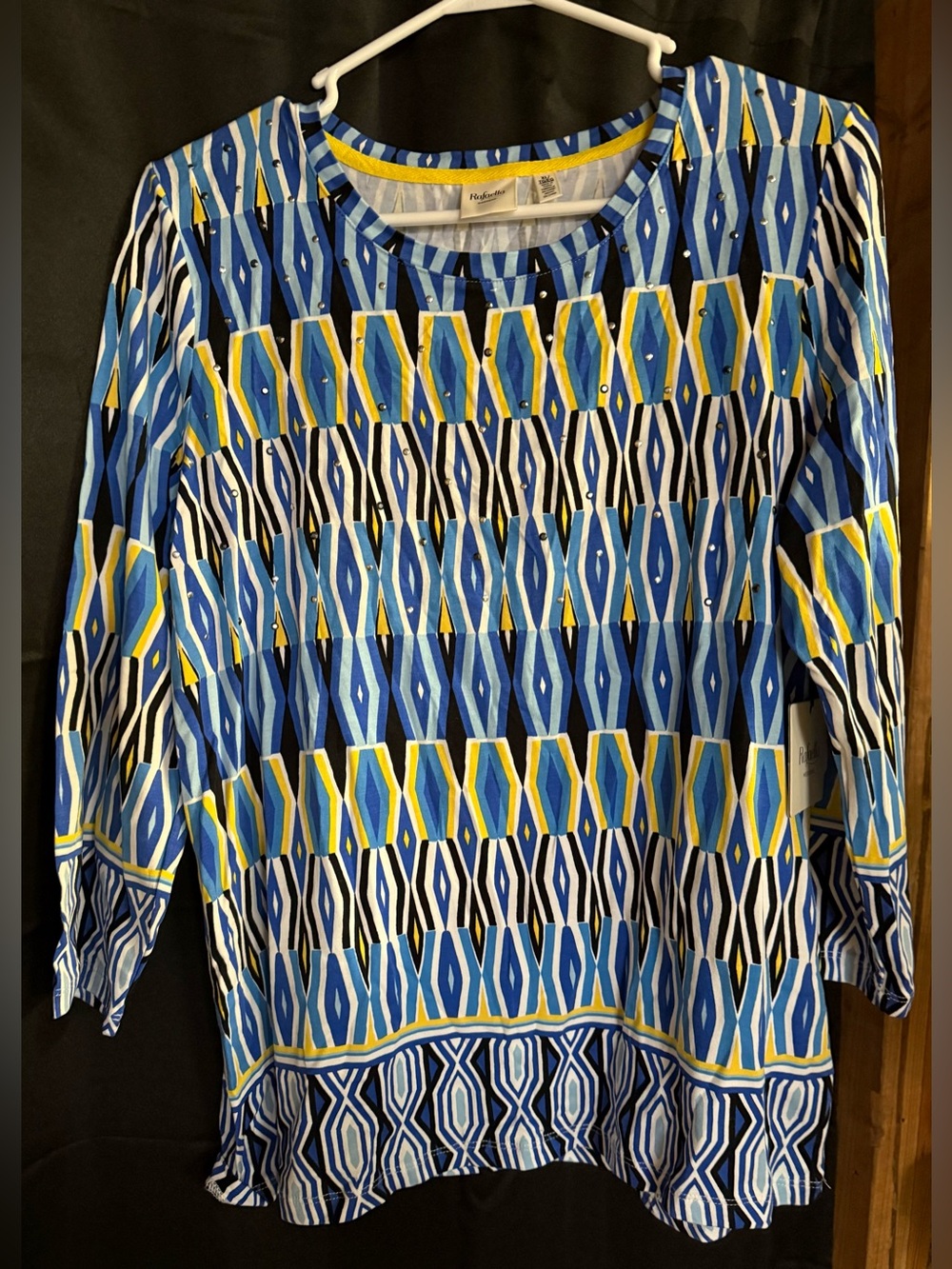 Rafaella Blue, Yellow & White Geometric Long-Sleeve Top